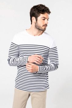 Marinière homme personnalisable en coton Manches longues - Vue de face - Couleur blanc marine - Marque Kariban