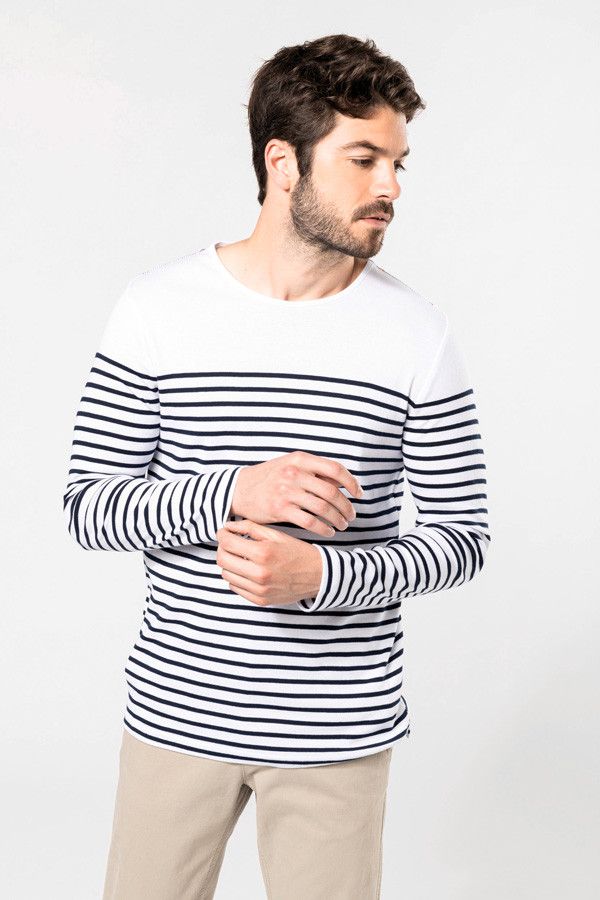 Marinière homme personnalisable en coton Manches longues - Vue de face - Couleur blanc marine - Marque Kariban