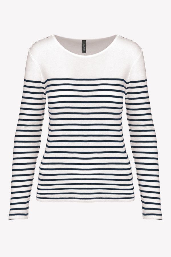 Marinière femme manches longues - Vêtement sailing personnalisable - Couleur Blanc-Navy - Vue packshot - Marque Kariban