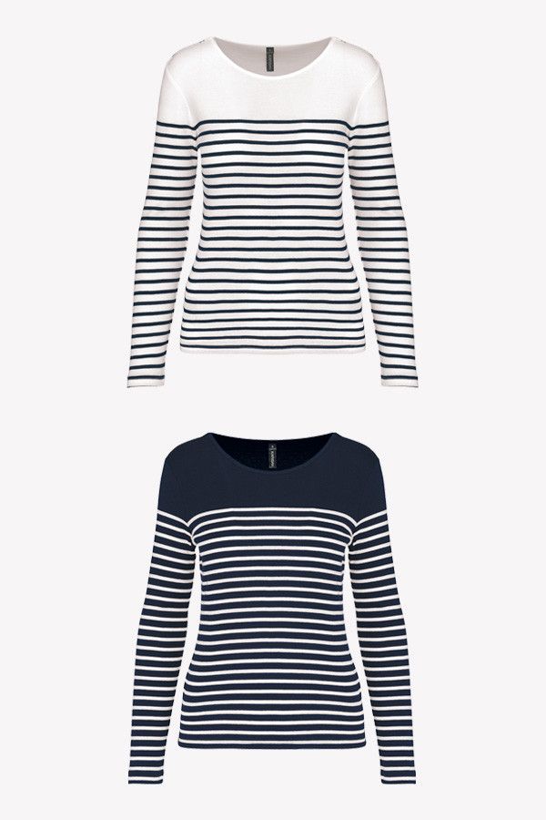 Marinière coton personnalisable - Manches Longues - Couleur Blanc-Navy et Navy-Blanc - coupe femme cintrée - Marque Kariban