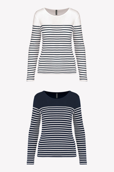 Marinière coton personnalisable - Manches Longues - Couleur Blanc-Navy et Navy-Blanc - coupe femme cintrée - Marque Kariban