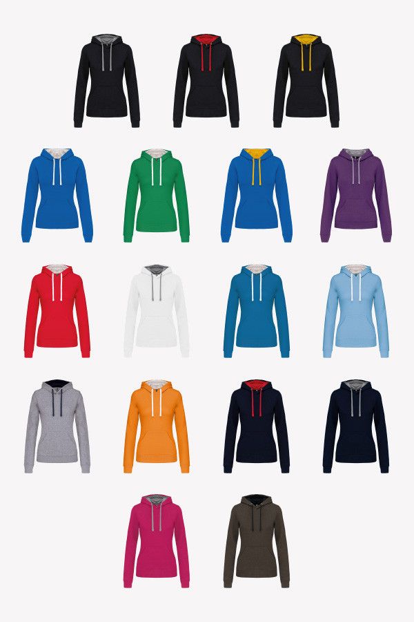 Nuancier coloris sweat à capuche bicolore femme -17 teintes