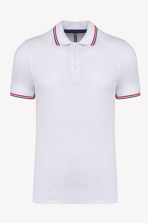 Packshot polo homme personnalisable manches courtes. Couleur blanc avec liseré colorés - Marque Kariban
