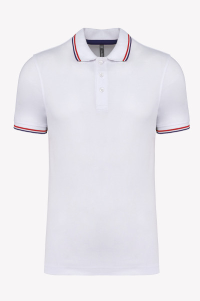 Packshot polo homme personnalisable manches courtes. Couleur blanc avec liseré colorés - Marque Kariban Packshot polo homme personnalisable manches courtes. Couleur blanc avec liseré colorés - Marque Kariban