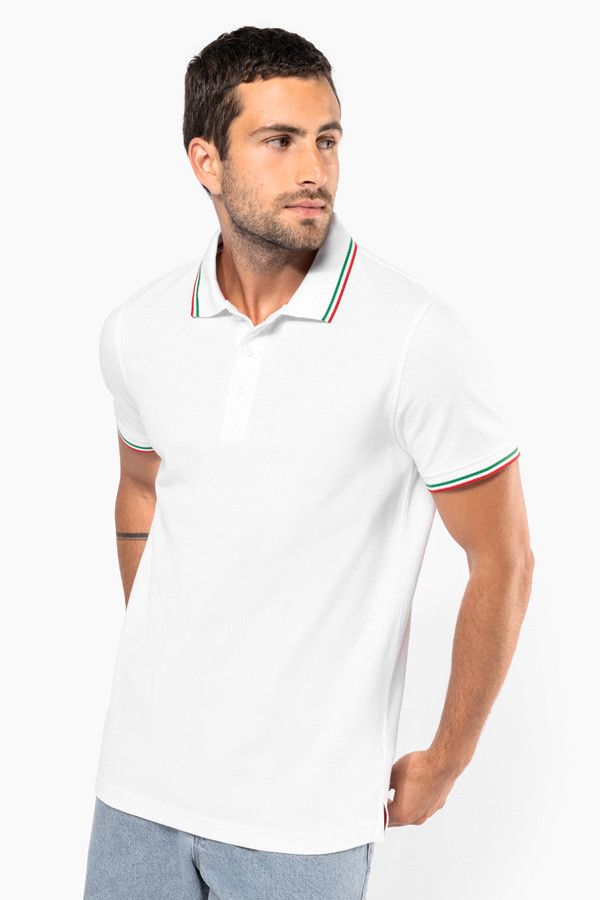 Polo homme personnalisable manches courtes. Couleur blanc avec liseré colorés - Marque Kariban