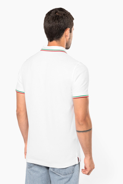 Dos de polo homme personnalisable manches courtes. Couleur blanc avec liseré colorés - Marque Kariban Dos de polo homme personnalisable manches courtes. Couleur blanc avec liseré colorés - Marque Kariban