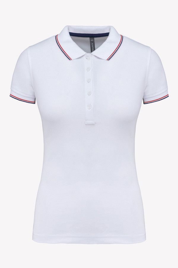 Packshot polo femme personnalisable manches courtes. Couleur blanc avec liseré colorés - Marque Kariban