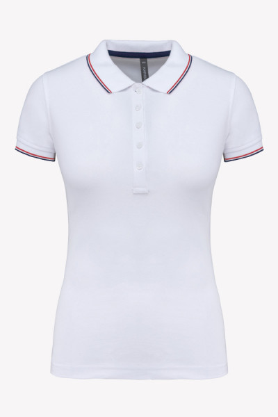 Packshot polo femme personnalisable manches courtes. Couleur blanc avec liseré colorés - Marque Kariban Packshot polo femme personnalisable manches courtes. Couleur blanc avec liseré colorés - Marque Kariban
