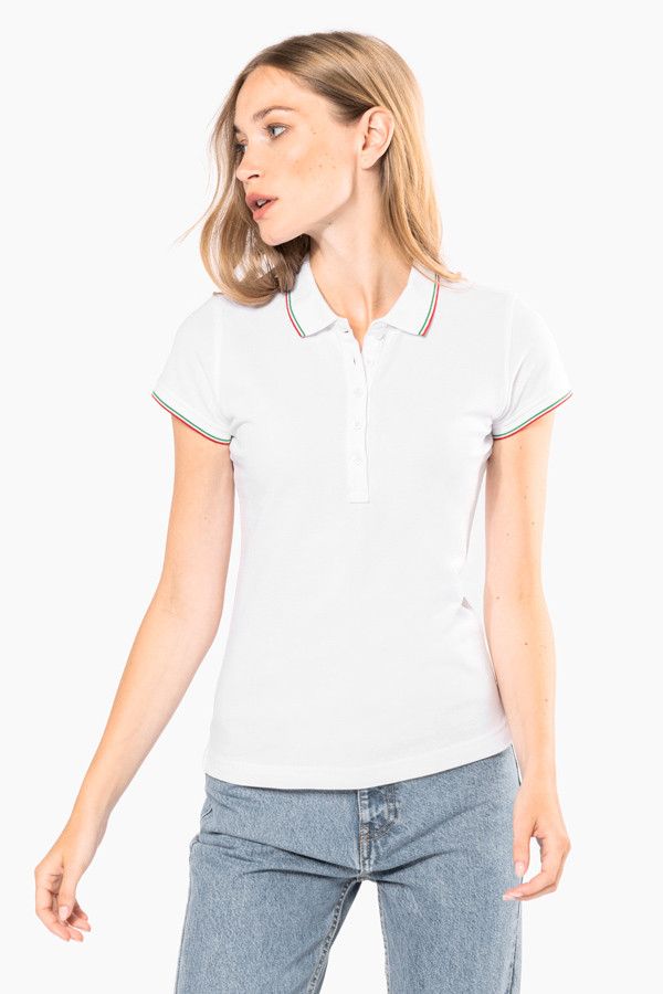 Polo femme personnalisable manches courtes. Couleur blanc avec liserés colorés - Marque Kariban