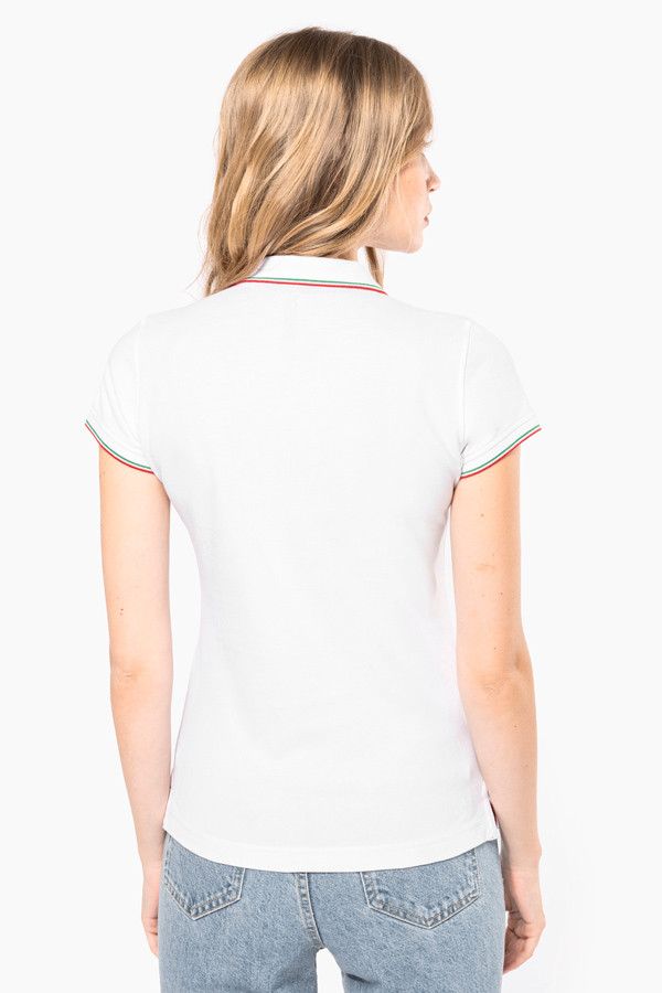 Polo femme personnalisable manches courtes. Vue de dos. Couleur blanc avec liserés colorés - Marque Kariban
