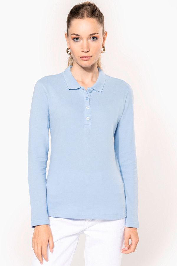 Polo personnalisable. Polo féminin piqué manches longues. Couleur sky blue - Marque Kariban