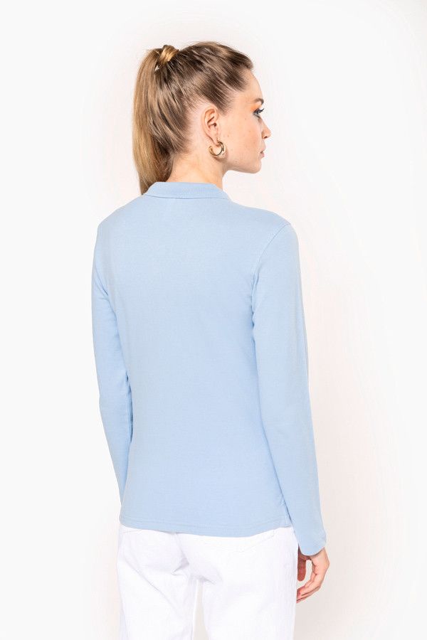 Polo personnalisable. Polo féminin piqué manches longues. Vue de dos. Couleur sky blue - Marque Kariban