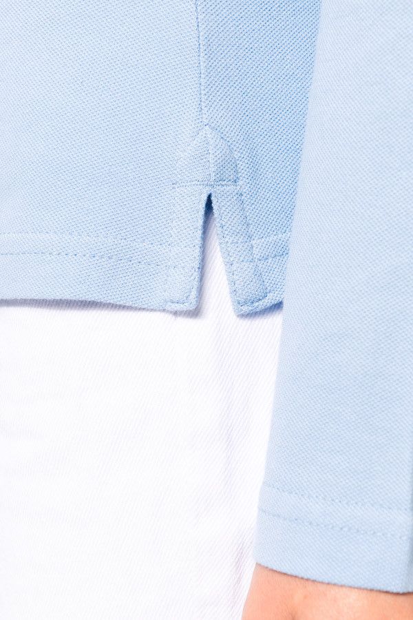 Détail col polo femme personnalisable manches longues. Couleur sky blue - Marque Kariban