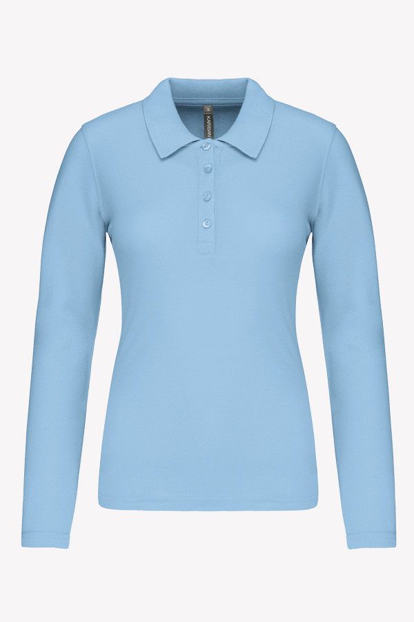 Packshot polo féminin piqué manches longues à personnaliser. Couleur sky blue - Marque Kariban