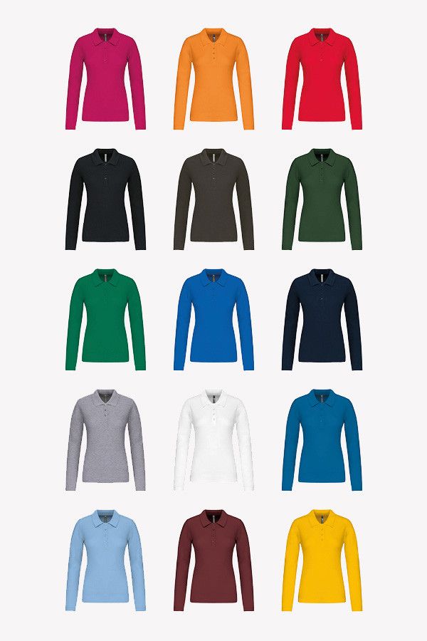 Nuancier polo féminin piqué manches longues à personnaliser 15 couleurs disponibles. Couleur sky blue - Marque Kariban