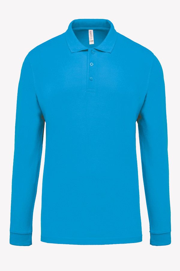 Packshot polo homme piqué manches longues à personnaliser. Couleur tropical blue - Marque Kariban