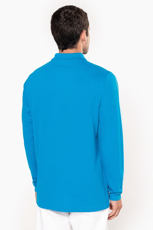Polo personnalisable. Polo homme piqué manches longues. Vue de dos. Couleur tropical blue - Marque Kariban