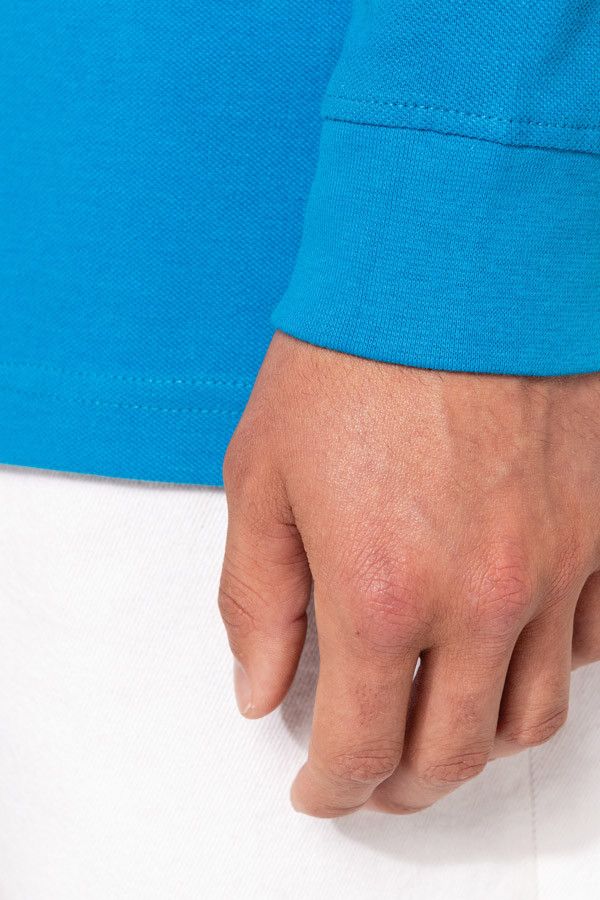 Détail polo personnalisable manches longues. Couleur tropical blue - Marque Kariban