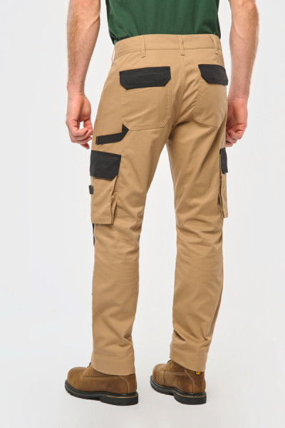 Pantalon de travail homme bicolore personnalisable - Vue de dos. Couleur : camel/black - Marque WorkTeam