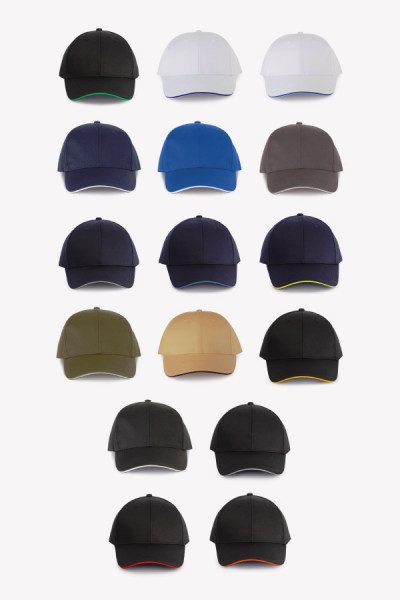 Nuancier casquette textile 6 panneaux avec liseré contrasté personnalisable. Marque WorkTeam. Disponible en 16 couleurs