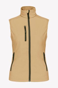 Bodywarmer softshell sans manche - Couleur camel - Portée ouverte par mannequin femme - Marque Kariban 2