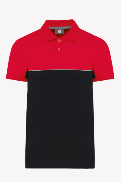 Packshot polo bicolore écoresponsable personnalisable - Couleur black/red et black/forest green - Marque Workteam