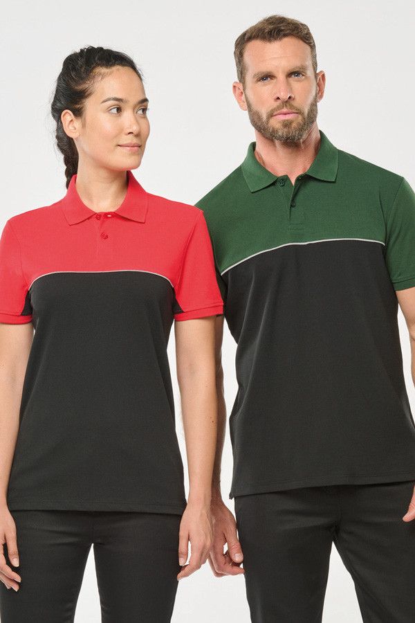 Polo bicolore écoresponsable personnalisable - Couleur black/red et black/forest green - Marque Workteam