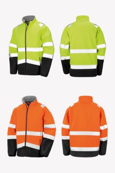 Veste softshell homme haute visibilité personnalisable par marquage. Vue portée par un homme. Couleur jaune fluo - Marque Result 2