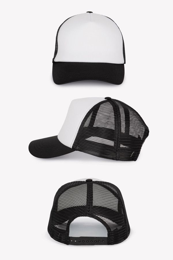 Packshot vues face, latérale et arrière, casquette trucker blanc noir personnalisable. Marque K-UP