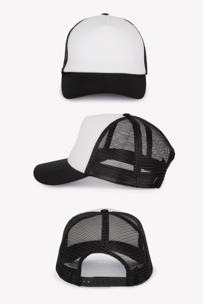 Packshot vues face, latérale et arrière, casquette trucker blanc noir personnalisable. Marque K-UP Packshot vues face, latérale et arrière, casquette trucker blanc noir personnalisable. Marque K-UP